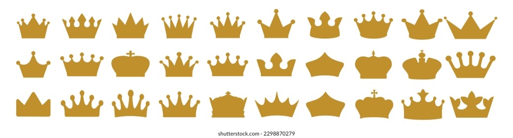 	
Iconos de oro de la corona. Un juego de silueta de corona dorada. Colección de símbolos de la corona dorada. Símbolo de la corona de oro señalización aislada de iconos de silueta heráldica vector.