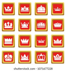 Crown gold icons set vector red square isolated on white background 