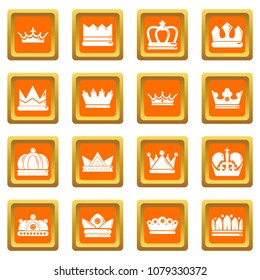 Crown gold icons set vector orange square isolated on white background 