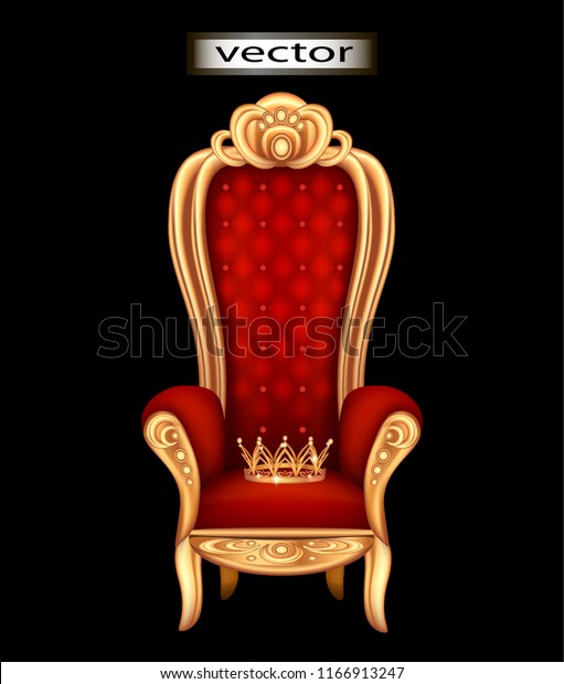 玉座の間の王座に金の王冠 玉座の上にはビロードの表装の赤 ウェブデザイン用のクラウンアイコンのベクターイラスト のベクター画像素材 ロイヤリティフリー