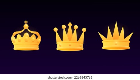 Crown golden Game Set Vektorpreis für Führer oder Gewinner König oder Monarch, Königin oder Prinzessin Tiara, Prinz-Kopfbedeckung 3D Classic heraldisches imperiales Zeichen. Vintage oder alter Schmuck, Monarchie-Thema EPS