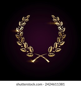 Crown of golden laurel branches realistic vector illustration. Sparkling winner wreath 3d model on dark background. VIP status performance
