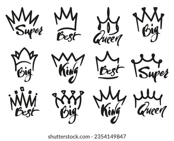 Crown graffiti logo. Monogram of royal crown with lettering typography, elegant monarch emblems design. Vector isolated set of crown king or queen graffiti illustration