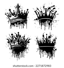 Crown graffiti sketch. Graffiti crowns, elegant queen or crowns. Royal imperial coronation symbols, monarch, tiara isolated icons vector illustration set