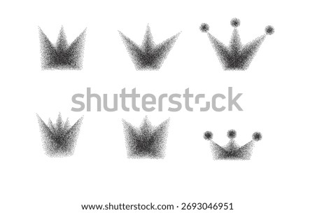 Crown grain noise gradient shapes. Retro y2k stippling simple forms set. Black shade king sign icons isolated on transparent background. Vector spray paint queen crowns symbols shapes illustration.