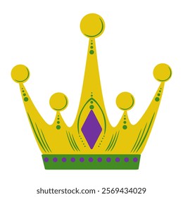 Crown with green base and gems for Mardi Gras masquerade, bright decorations in traditional colors for holiday design, poster or flyer vector illustration