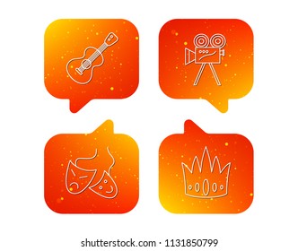 Crown, guitar music and theater masks icons. Video camera linear sign. Orange Speech bubbles with icons set. Soft color gradient chat symbols. Vector