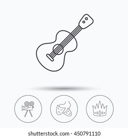 Crown, guitar music and theater masks icons. Video camera linear sign. Linear icons in circle buttons. Flat web symbols. Vector