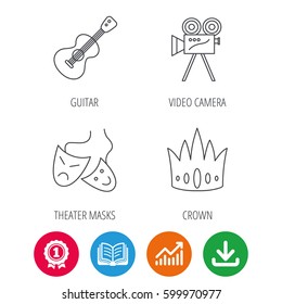 Crown, guitar music and theater masks icons. Video camera linear sign. Award medal, growth chart and opened book web icons. Download arrow. Vector