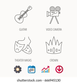 Crown, guitar music and theater masks icons. Video camera linear sign. Calendar, Graph chart and Cogwheel signs. Download colored web icon. Vector