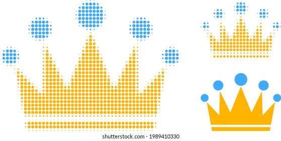 Crown halftone dotted icon. Halftone pattern contains round dots. Vector illustration of crown icon on a white background.