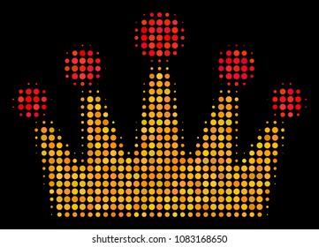 Crown halftone vector icon. Illustration style is pixelated iconic crown symbol on a black background. Halftone texture is made of circle cells.