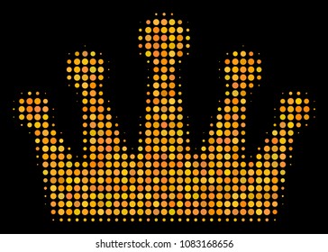 Crown halftone vector icon. Illustration style is pixel iconic crown symbol on a black background. Halftone matrix is build from spheric cells.