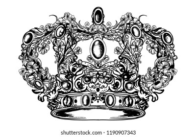 Crown hand drawn art. Royal imperial crown from art nouveau flowers tattoo and t-shirt design 