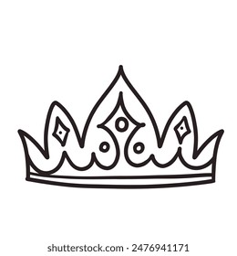 Icono de línea de garabato dibujado a mano. Esbozo simple de corona de monarca medieval, tiara de rey o reina, princesa y príncipe. Regalías de lujo y símbolo del reino en Ilustración vectorial estilo doodle