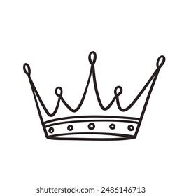 Crown hand drawn doodle line icon. Simple monochrome sketch of classic tiara for head of royal person or winner, medieval crown with teeth and royalty emblem in doodle style vector illustration