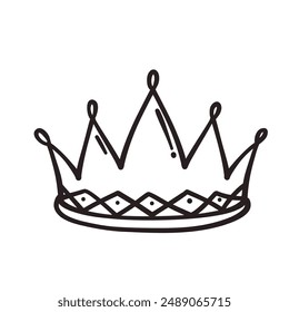 Crown hand drawn doodle line icon. Simple monochrome sketch of classic tiara for head of royal person or winner, medieval crown with teeth and royalty emblem in doodle style vector illustration