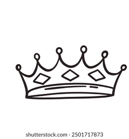 Crown hand drawn doodle line icon. Simple monochrome sketch of classic tiara for head of royal person or winner, medieval crown with teeth and royalty emblem in doodle style vector illustration