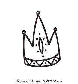 Crown hand drawn doodle line icon. Simple monochrome sketch of classic tiara for head of royal person or winner, medieval crown with teeth and royalty emblem in doodle style vector illustration