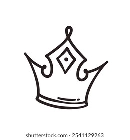 Ícone de linha de doodle desenhado à mão da coroa. Esboço monocromático simples de tiara clássica para a cabeça da pessoa real ou vencedor, coroa medieval com dentes e emblema de realeza na ilustração vetorial estilo doodle