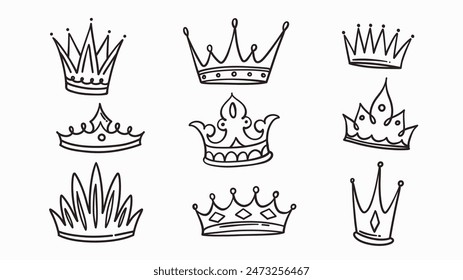 Crown hand drawn doodle set. Line monochrome sketch of luxury heraldic symbols with crown shape collection, classic tiara and royal diadem, medieval jewelry in doodle style vector illustration