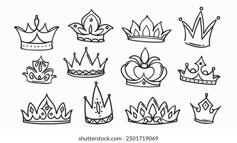 Crown hand drawn doodle set. Line sketch of king or queen, princess and prince tiaras collection, heraldic calligraphy emblems and mascots of wealth and authority in doodle style vector illustration