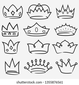 Crown Hand drawn icon collection. Royal diadem symbol, majestic , tiara black elements. Vector illustration