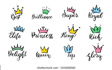 Crown hand drawn lettering. Queen crown icons, calligraphy tiara and colorful diadem vector illustration set. Symbols of royal power pack. Diadem and luxurious decals isolated on white background