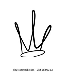 The crown is hand-drawn in black marker, isolated on a white background, sketch, comic style, doodle, vector. Contoured black and white illustration with a line. Decorative festive element, a symbol 
