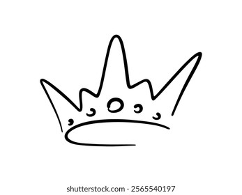 The crown is hand-drawn, isolated on white in the style of comics, doodle, black and white contour line illustration, vector. Decorative element, icon, symbol of power for decoration, celebration