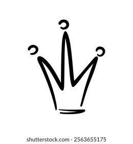 The crown is hand-drawn with a marker line, isolated on a white background, black and white graphic illustration, vector, comic style, doodle. The outline of the symbol of power, leader, victory. 