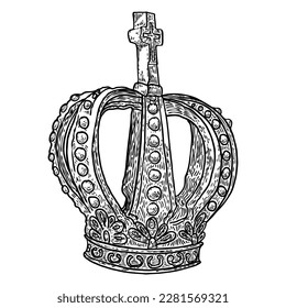 Kronenheizung für König und Königin. Königlich edler aristokratischer Monarchie-Juwel-Krone. Monarch Juwelen sind ein Wahrzeichen der Luxus-Koronation. Handzieher, Vektor.