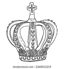 Kronenheizung für König und Königin. Königlich edler aristokratischer Monarchie-Juwel-Krone. Monarch Juwelen sind ein Wahrzeichen der Luxus-Koronation. Handzieher, Vektor.