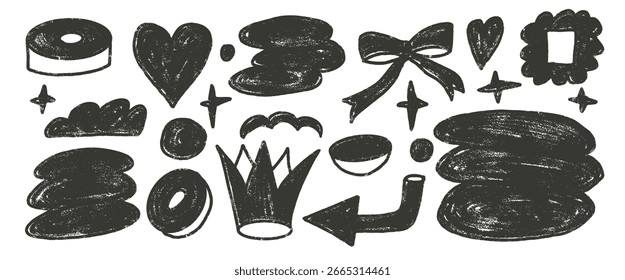 Crown, heart and geometric forms sketch roller ink elements. Abstract silhouette shapes charcoal drawn set. Naive black doodle figures on white background. Vector illustration by pencil.