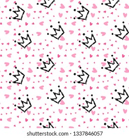 Crown and heart, girly sweet vector seamless pattern. Romantic style, hand drawn elements. Texture, pink, white, black colors. Applicable as endless textile or wrapping paper prints and backgrounds.
