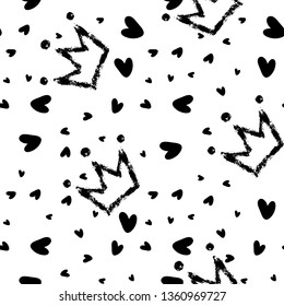Crown and heart, girly sweet vector seamless pattern. Romantic style, hand drawn elements. Texture, black silhouettes. Applicable as endless textile or wrapping paper prints and backgrounds.