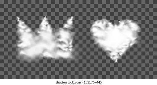 A crown and heart shapes of white clouds. Smoke effect. Vector on a background.