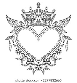 Crown and heart wings hand drawn for adult coloring book