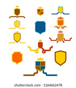 Crown Heraldic Shield set. Template heraldry design element. Coat of arms of royal family and Tape
