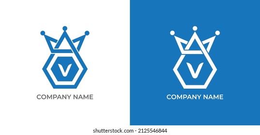 Crown and Hexagon Combination Logo icon symbol with Letter V. Vector logo template
