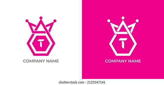 Crown and Hexagon Combination Logo icon symbol with Letter T. Vector logo template