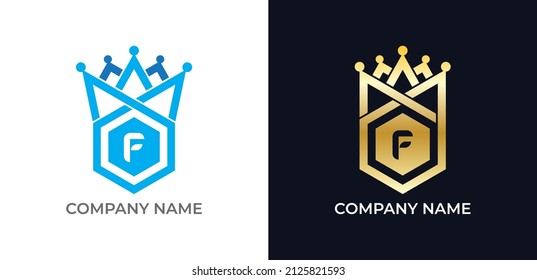 Crown and Hexagon Combination Logo symbol with Letter F. Vector logo template