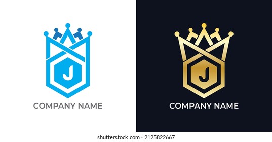 Symbol des kombinierten Logos für Kronen und Hexagon mit Buchstabe J. Vektorlogo-Vorlage