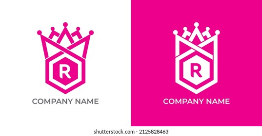 Crown and Hexagon Combination Logo symbol with Letter R. Vector logo template