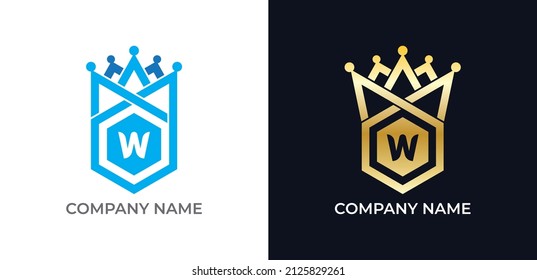 Símbolo del logotipo combinado de corona y hexagón con plantilla del logotipo del vector de la letra W.