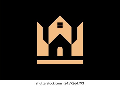 Crown house logo design, features a golden home framed by crown like elements, symbolizing luxury and stability. Ideal for real estate, architecture, or property brands.