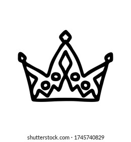 Crown Icon. Black contour silhouette. Front view. Hand drawn vector graphic illustration. Isolated object on a white background. Isolate.