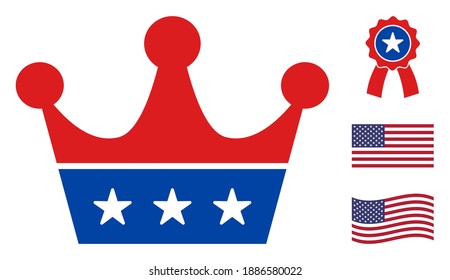 Crown icon in blue and red colors with stars. Crown illustration style uses American official colors of Democratic and Republican political parties, and star shapes. Simple crown vector sign,