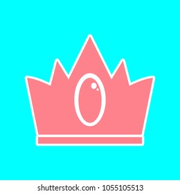 Crown icon with brilliant. Vector. Magenta icon with white sticker contour at sky blue background. Isolated.