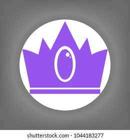 Crown icon with brilliant. Vector. Violet icon on white circle with shadow at gray background.